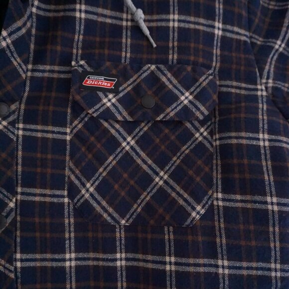 VTG '90s Dickies Navy Grey Quilt Lined Removable Hood Button Up Plaid Shacket XL - Picture 10 of 12